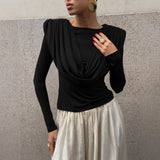Folded Waist Swing Long-Sleeved T-Shirt Women's Senior Sense 2025 Autumn And Winter Beauty Bottom Top 68HZ