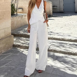 White Cotton-Song V-Neck Wrap Around The Strapped Vest Trousers Set 2025 Spring And Summer Fashion New Two-Piece Women 68HZ