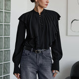 Court Style French Lotus Side Collar Single Row Buckle Long-Sleeved Shirt Women's Dress French Lantern Sleeve Loose Solid Color Top 68HZ