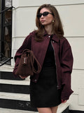 2025 Autumn Wine Red Collar Long-Sleeved Coat Women Slimming Trend High Street Leather Jacket 68HZ