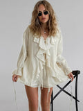French V-Neck Loose Lotus Leaf-Side Shirt Hot Pants Set 2025 Spring New Fashion Two-Piece Set 68HZ