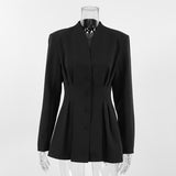 Women's Autumn Temperament Elegant Repair Waist Black Small Suit Commuting Design V Collar Suit Coat 68HZ