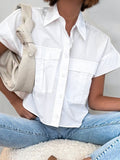 2025 Summer Loose Classic Pocket Collar Fell Shoulder Sleeves Short Sleeve White Shirt Street Wind Shirt 68HZ
