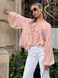 French Pink Chiffon V-Neck Loose Lotus Leaf-Side Shirt 2025 Summer Fashion New Top Lady 68HZ