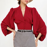 New French V-Neck Women's Shirt In Autumn 2025 Court Style Lantern Sleeves Long-Sleeved Shirt 68HZ