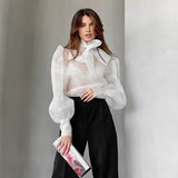 2025 Spring Sexy Perspective Mesh Long-Sleeved Top Folded High-End Bubble Bubble Sleeves To Play The Shirt Woman 68HZ