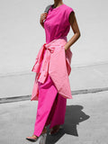 Summer Temperament Lazy Leisure Loose Solid Color Knitted Round Necker Shoulder Sleeve Short Sleeve Straight Dress Open Skirt 68HZ