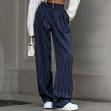 Tibetan Blue Retro Striped Casual Broad-Footed Trousers 2025 New Autumn Fashion Pantyhose Women 68HZ