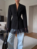 Black Small Suit Jacket 2025 Autumn And Winter New Design Lace Splicing Commuting Women's Long-Sleeved Top 68HZ