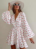 Spring 2025 New Strawberry Print V-Neck Lantern Sleeve Dress Fashion Tea Dress Woman 68HZ
