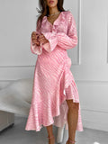 Gentle Wind Pink Temperament Lotus Leaf Side V Collar Sleeve Fishtail Dress Autumn Lace Long Skirt 68HZ