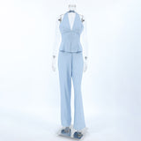 Summer Explosion Pure Color Fashion Casual Set Cotton Sleeveless Hanging Neck Top High Waist Trousers Two Sets Of Women 68HZ