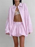 Pink Striped Cardigan Long-Sleeved Shirt Top Loose Folded Skirt Two Sets Of Summer Comfortable Fresh Suit Woman 68HZ