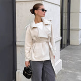 Autumn And Winter French Gentle Style Elegant Tying With Bows And Wind Jackets Commuting Thin Leather Coat 68HZ