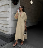 2025 French-Cooked Beige Cotton Foam Sleeve Dress Women's Summer Loose Back Loose V-Neck Shirt Skirt 68HZ