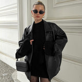 Vintage Temperament Suit Collar Loose Leather Coat 2025 Autumn And Winter Fashion New Leather Woman 68HZ