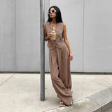 Sexy Temperament Wide Shoulder Strap V-Neck Sleeveless Vest Mid-Sleeves Wide-Footed Trousers Two-Set Autumn Casual Suit 68HZ