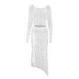 Spring And Summer Fashion Sexy Temperament Perspective Lace Long-Sleeved Collar Blouse Low-Waisted Half-Dress Two-Piece Woman 68HZ