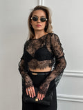 Spring And Summer Sexy Black Perspective Lace Long Sleeves Loose Leisure Collar High Waist Half-Dress Suit Women's Clothing 68HZ