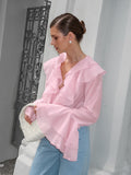Summer Charm Pink Chiffon Sunscreen Temperament Cascading Lotus Loaf Side V Collar Horn Sleeve Short Lady Shirt 68HZ