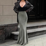 Autumn And Winter Retro Fashion Silver Fry Green Repair Height Waist-Buffed Fishtail Half-Dress Elegant Casual Dress Women's Dress 68HZ