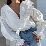2025 Women's Shirt Sexy Deep V Collar Wood Ear Long Sleeve Temperament Fashion Spliced Lace Shirt 68HZ