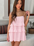 2025 Summer Sexy Pink Cotton Lotus Side Loose Slings Square Bow Tie With Dress Skirt Short Dress Woman 68HZ