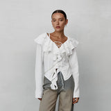 Autumn New Fashion White Cunt Casual Lotus Side Sexy Temperament With Long-Sleeved Ladies Shirt 68HZ