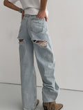 Vintage Water Wash Light Blue Straight Jeans Women Lazy Broad Leg Hole Design Drag Trousers Spring 68HZ