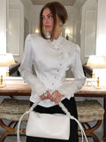Spring 2025 New Lotus Leaf Side Long Sleeves Open-Shirt Court Style Blouse Ear Woman 68HZ
