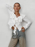 Autumn New Fashion White Cunt Casual Lotus Side Sexy Temperament With Long-Sleeved Ladies Shirt 68HZ