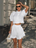 New 2025 Autumn Commuter Suit Women's Standing Collar Bubble Sleeve Side Coat Shorts Casual Two-Piece Set 68HZ