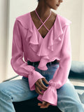 French New Lotus Leaf Side Solid Color V-Neck Bubble Sleeve Shirt 2025 Spring And Autumn Small Design Feeling 68HZ