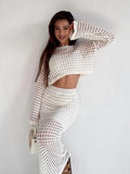 Spring And Summer Thin Knitted Netted Short Suit Dress Summer Women Two Sets Of Long-Sleeved Tops Sexy Half-Body Dress 68HZ