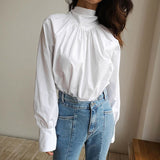 2025 Autumn Bow Shirt Women's French High-Collar Collar Design Small Women's White Shirt Temperament Top 68HZ