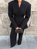 Black High-End Long-Sleeved V-Neck Folded Waist Blazer Trousers Two-Set Autumn Women's Suit Suit 68HZ