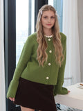 Spice Girl Horn Sleeve Knitted R-Shirt Spring And Autumn Round Collar Solid Color Long Sleeve Sweater Loose Thin Age Knitted Coat Woman 68HZ