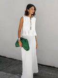 Autumn White Cotton Sexy V-Neck Sleeveless Vest Open Skirt Two-Piece Fashion Casual Suit 68HZ