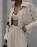 Ki-Colored Long-Sleeved Shirt Trousers Casual Cotton Set 2025 Spring New Fashion Two-Piece Women's Suit 68HZ
