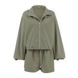 Vintage Wind Green Windy Windwear Autumn Free Small Standing Collar Long Sleeve With Open Shorts Casual Set 68HZ