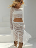 Spring And Summer Fashion Sexy Temperament Perspective Lace Long-Sleeved Collar Blouse Low-Waisted Half-Dress Two-Piece Woman 68HZ