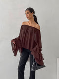 Autumn And Winter Fashion Retro Temperament Collar Brown Chiffon Loose Sexy Side-Leaf Shirt 68HZ