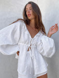 2025 New Cotton-Song White Lantern Sleeve V-Neck Top Shorts Set Summer Women's Two-Set 68HZ