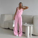 Summer Simple Fashion Casual Sleeveless Vest V-Neck Solid Color Loose Broad-Footed Trousers Two-Set Commuting Suit 68HZ