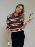 Vintage Striped Knitted Long-Sleeved Polo Shirt Straight Shoulder T-Shirt 2025 Autumn Niche Blouse Woman 68HZ