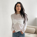 Autumn And Winter Leisure Temperament With A Little Transparent Sexy Knitted Round Collar Long-Sleeved Commuting T-Shirt White 68HZ