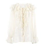 Summer Languid Rice-Colored Round Collar Loose Sexy Lace With Lotus Leaf Blouse French Commuting Simple Shirt Woman 68HZ