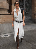 Vintage Cotton Women's Shoulderless Sleeveless Single Buckle 2025 Summer New Long Shirt Collar Dress 68HZ