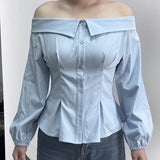 Spring 2025 New French Sexy Collar Shoulder Shirt Women Fashion Tops Up 68HZ