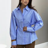 Vintage Design Sense Irregular Striped Shirt Female Senior Pressure Folded Waist Long Sleeve Commuting Top 68HZ